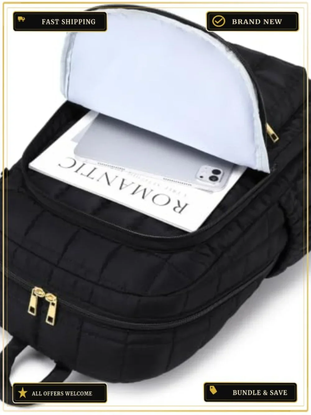 Quilted Laptop Backpack 15.6 Inch Travel Daypack for Women Casual Puffer